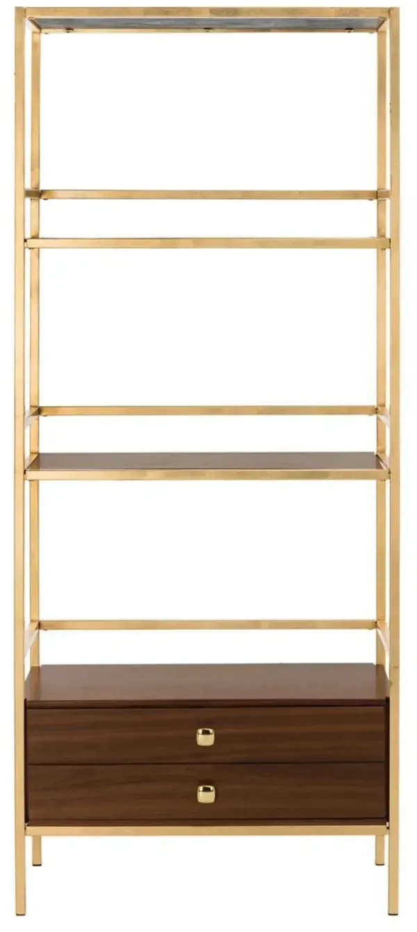 Zarna 4-Tier 1-Drawer Etagere, Gold/Walnut