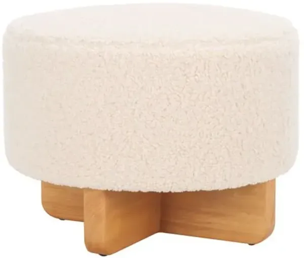 Evalan Faux Shearling Round Ottoman - White