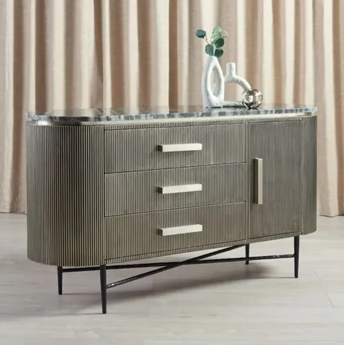 Brayson Marble Top Fluted 3-Drawer Sideboard - Silver