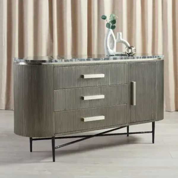 Brayson Marble Top Fluted 3-Drawer Sideboard - Silver