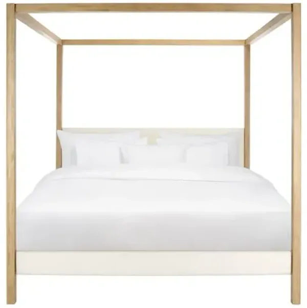 Lorae King Canopy Bed - Ivory/Natural, Upholstered Headboard