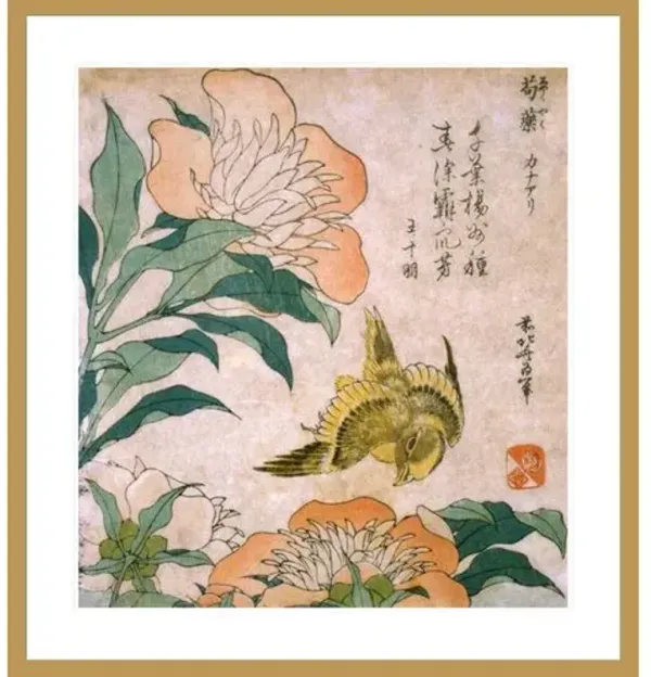 Peony and Canary by Katsushika Hokusai Framed Print - 1000Museums - Gold