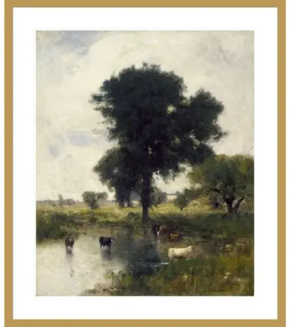 Cattle in Pool (A Summer Landscape) by Georges de Feure Framed Print - 1000Museums - Gold