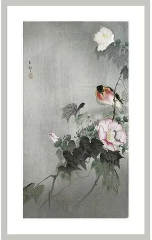 Stonechat and Blossoming Flower by Ohara Koson Framed Print - 1000Museums - Silver