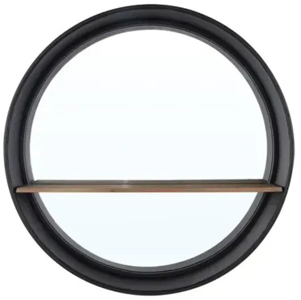 Ezrenen 24" Round Iron Mirror with Shelf - Black