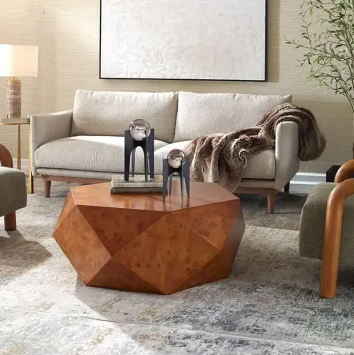 Leopold Geometric Burl Coffee Table - Natural - Brown