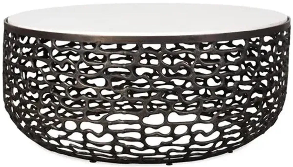 Eusebio Outdoor Aluminum/Marble Top 36" Round Coffee Table - Dark Bronze/White - Multi