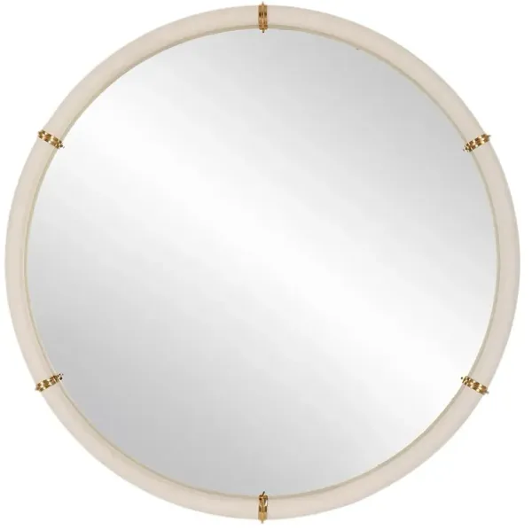 Ophelia Faux Shagreen Leather Wrap 43" Round Wall Mirror, White/Gold