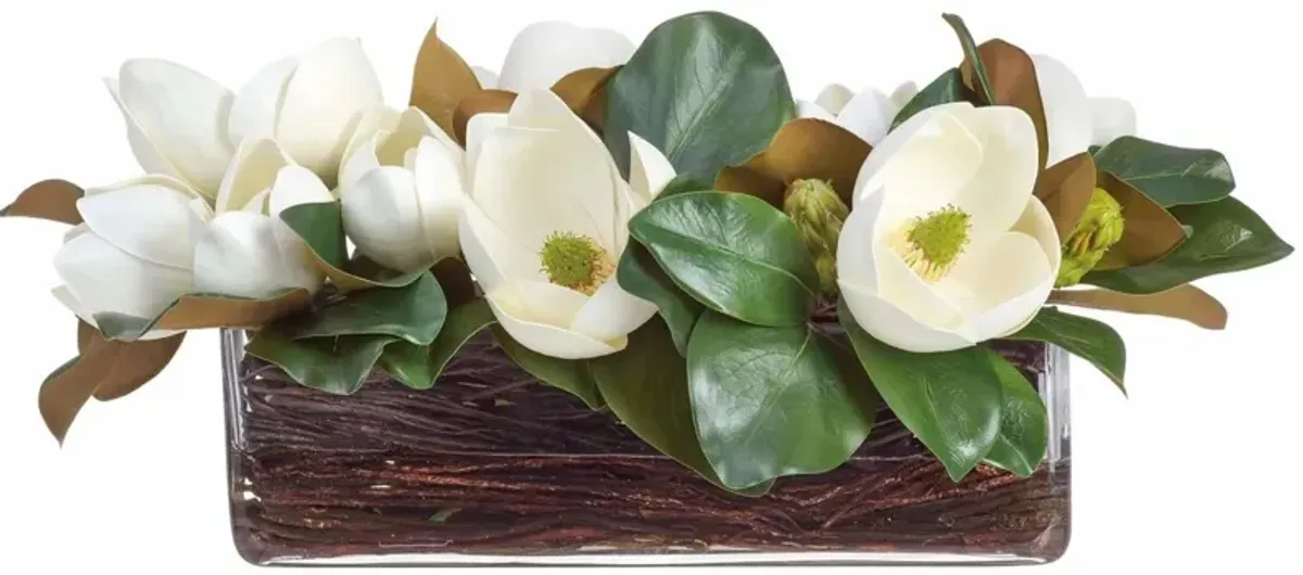 12" Magnolia Arrangement in Glass Vase, White