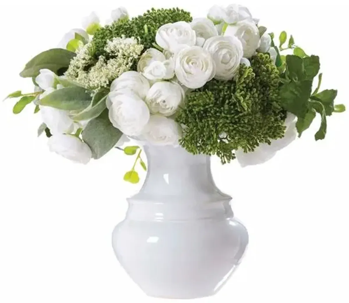 11" Ranunculus and Queen Anne Lace Arrangement in Ceramic Vase - White