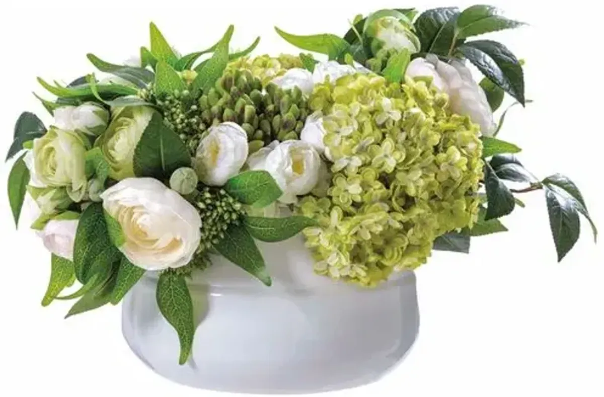 10" Ranun Bud Arrangement In Metal Planter - White - 18Lx10Hx14Wx14D in