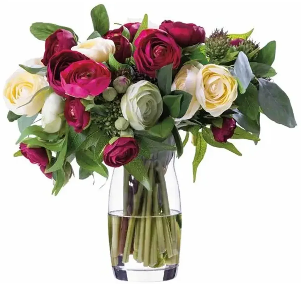 13" Ranunculus and Sedum Arrangement in Glass Vase - Blue