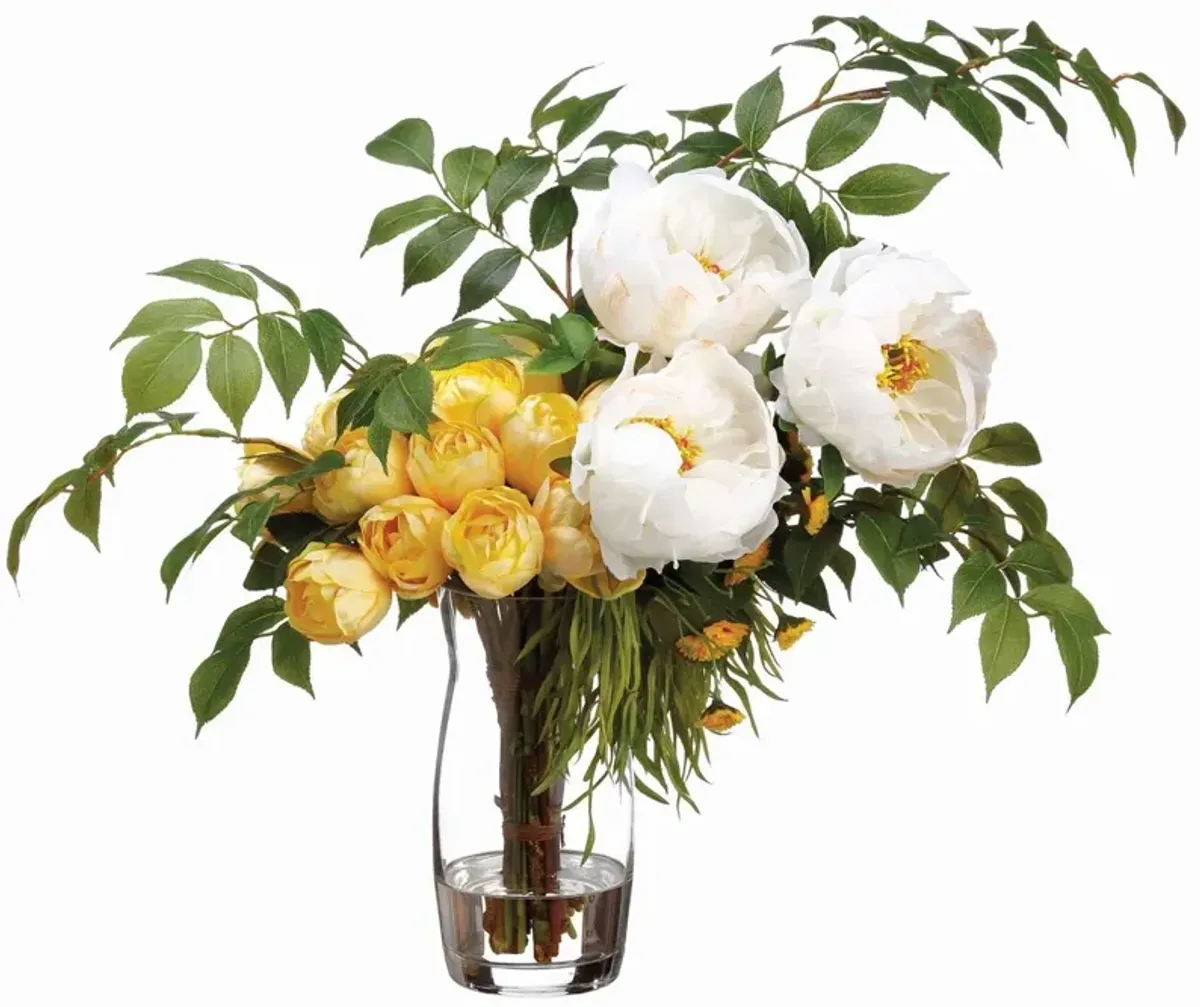 16" Tulip and Peony Arrangement in Glass Vase, Green