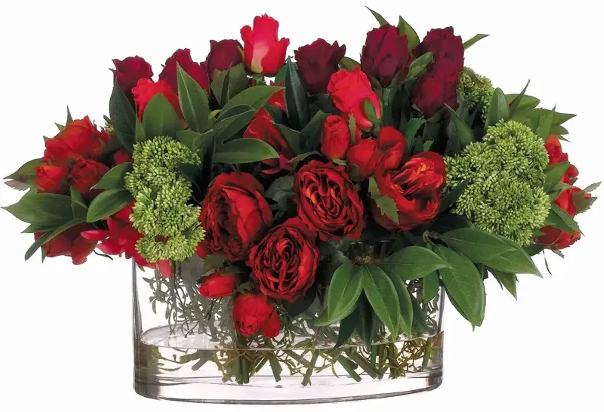 14" Rose and Dahlia Arrangement In Oval Glass Vase, Green