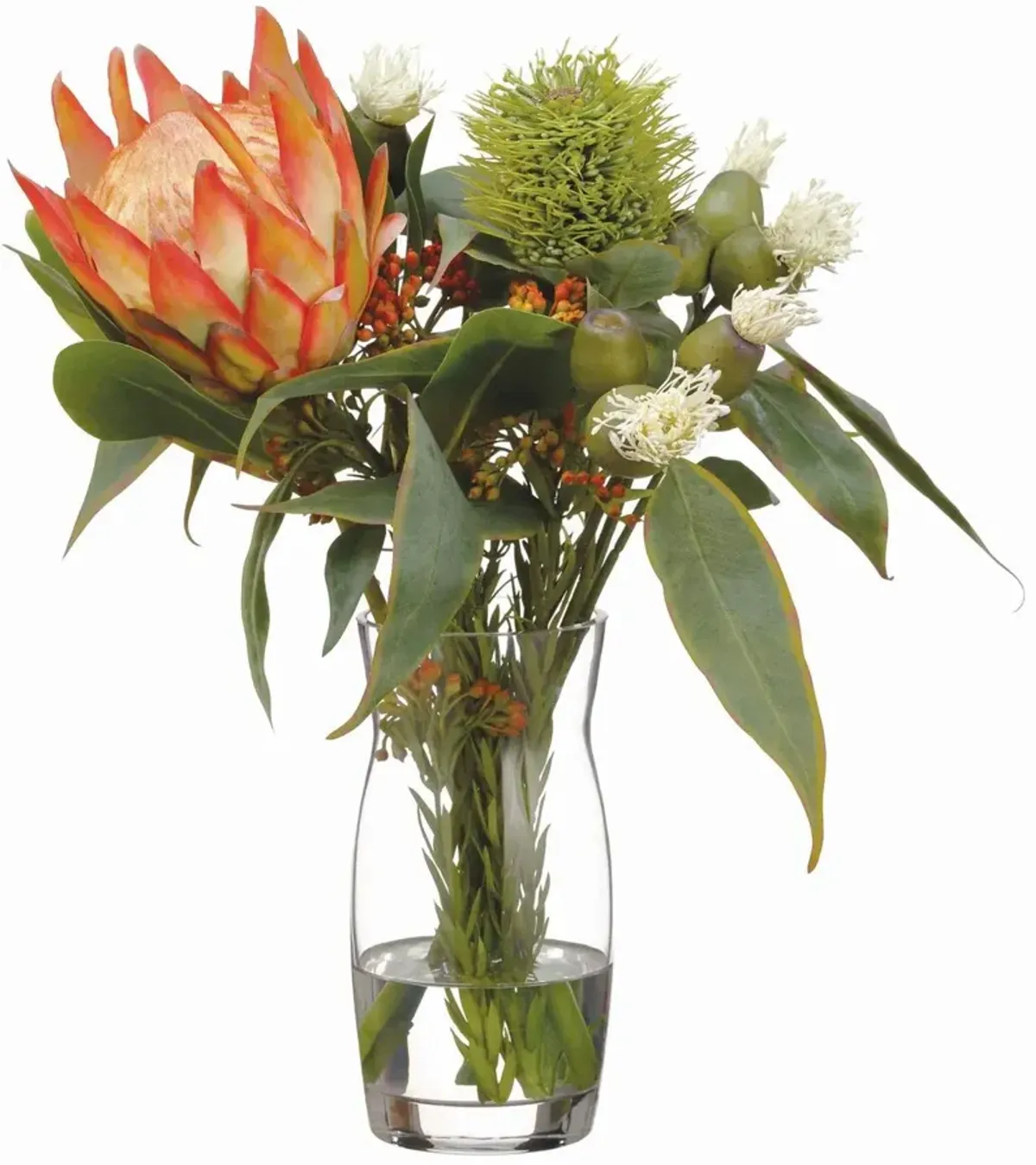16" Protea and Eucalyptus Arrangement in Glass Vase, Green