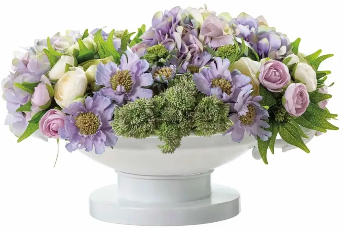 12" Ranunculus and Hydrangea Arrangement in Metal Urn, Green