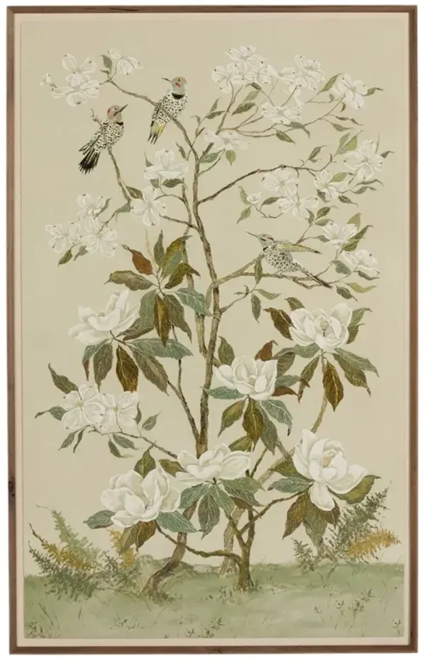 Tan Chinoiserie Painting by Laurel-Dawn Latshaw - Rustic Walnut Frame - Brown