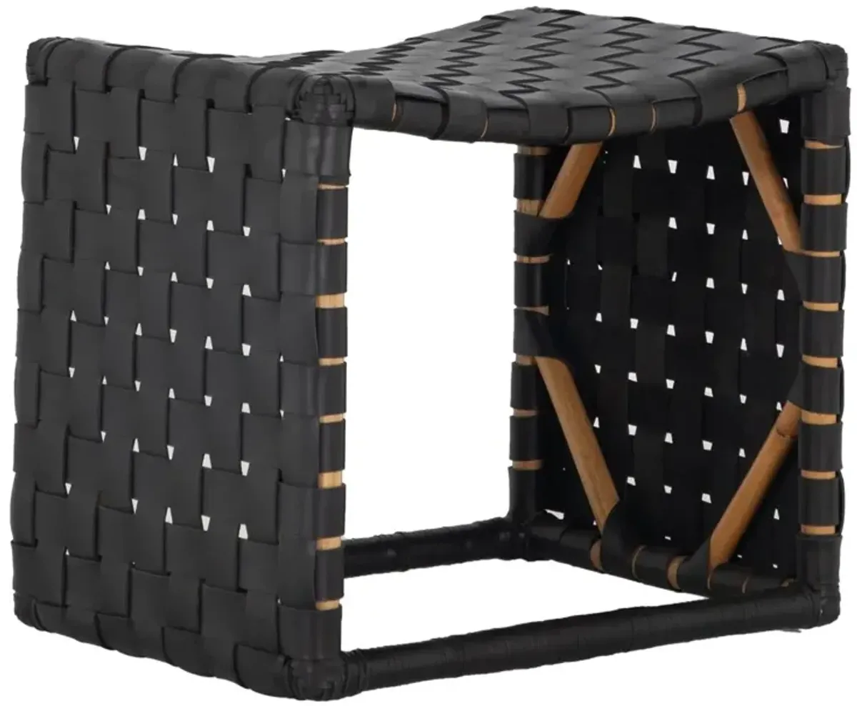 Dover Rattan Basketweave Accent Stool, Black Leather