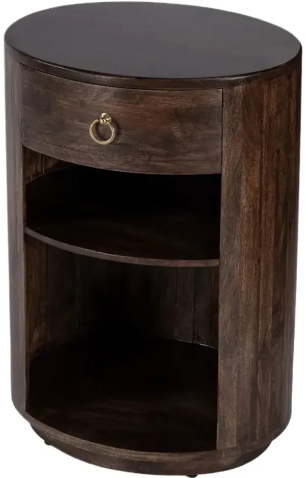 Donovan Oval 1-Drawer End Table w/ 2 Open Shelves, Brown