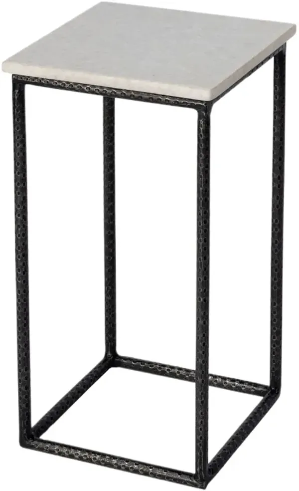 Merritt Marble Top Hammered Iron Square Side Table, White/Black