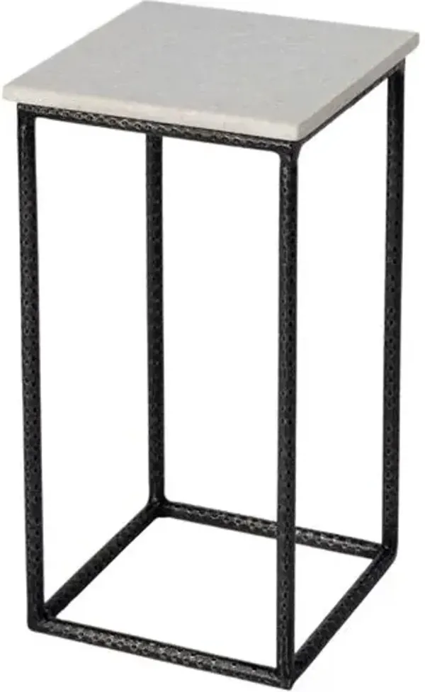 Merritt Marble Top Hammered Iron Square Side Table - White/Black