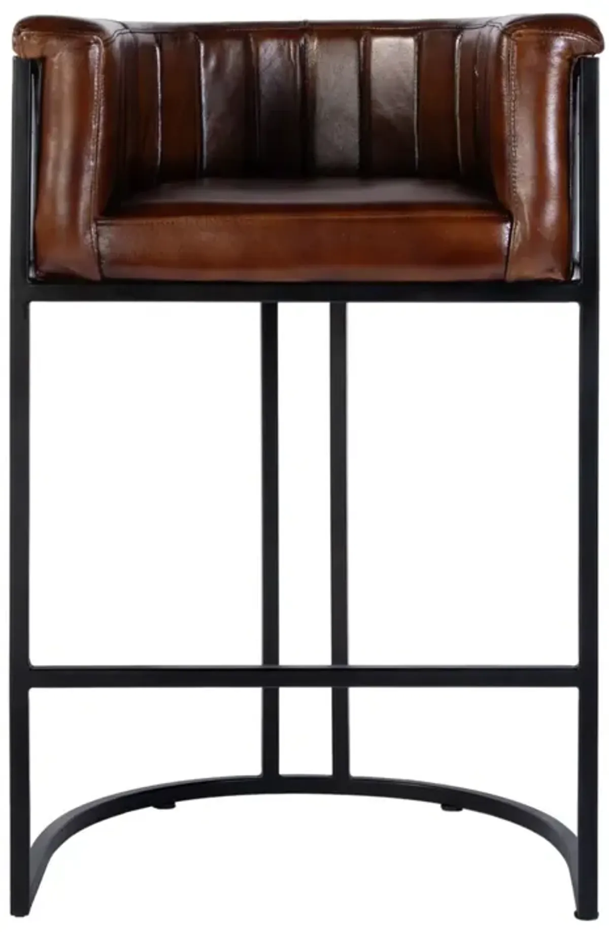 Annette Leather/Iron Barrel Back Bar Stool, Brown/Black