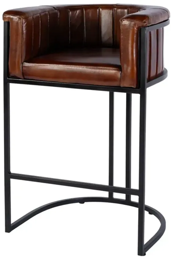 Annette Leather/Iron Barrel Back Bar Stool, Brown/Black