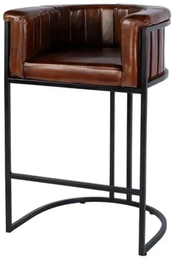Annette Leather/Iron Barrel Back Bar Stool - Brown/Black