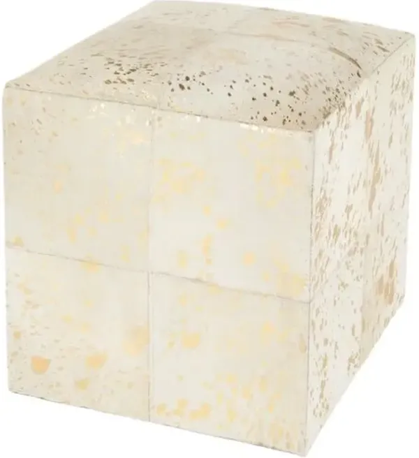Darlene Hair on Hide with Spots Cube Ottoman - White/Gold