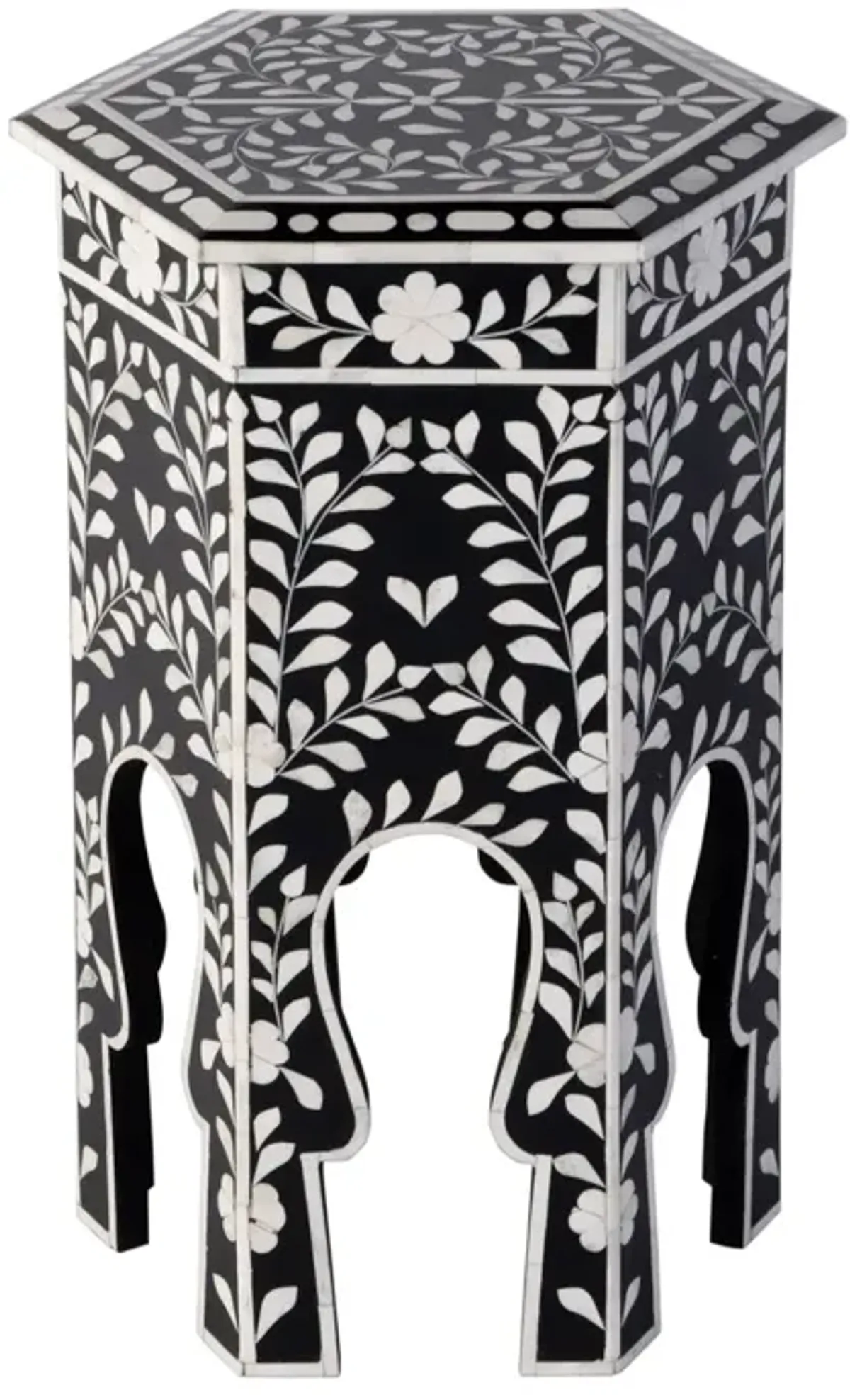 Frances 16" Hexagon Bone Inlay Side Table, Black