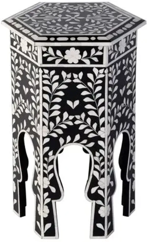 Frances 16" Hexagon Bone Inlay Side Table - Black