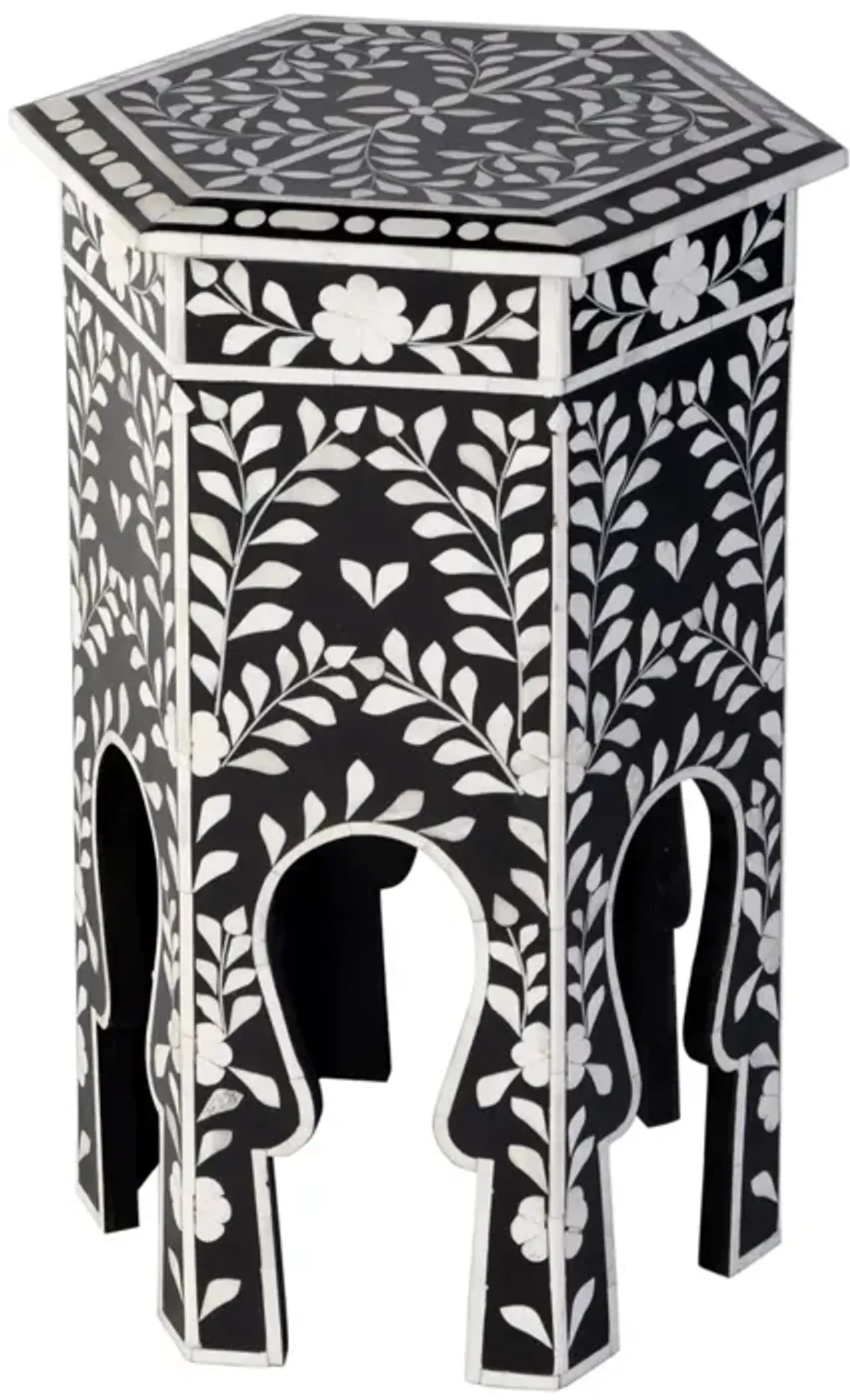 Frances 16" Hexagon Bone Inlay Side Table, Black
