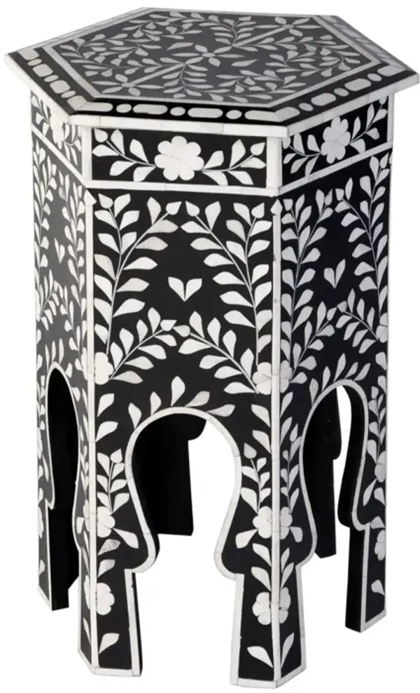 Frances 16" Hexagon Bone Inlay Side Table, Black