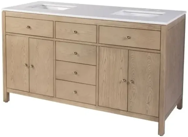 Charlie 60" Quartz Top Double Sink 4-Drawer Bathroom Vanity - Light Oak - Brown