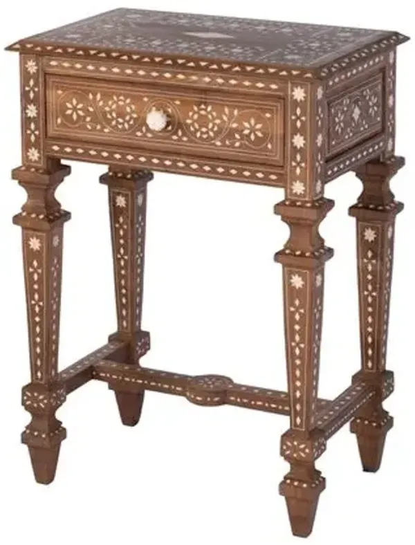 Harriet Teak & Bone Inlay 1-Drawer End Table - Brown - Handcrafted