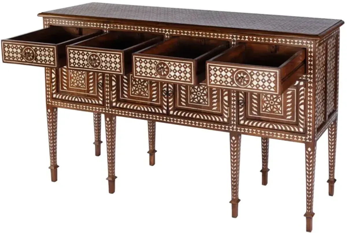 Irene Mother of Pearl 4-Drawer 2-Door Console Table, Brown