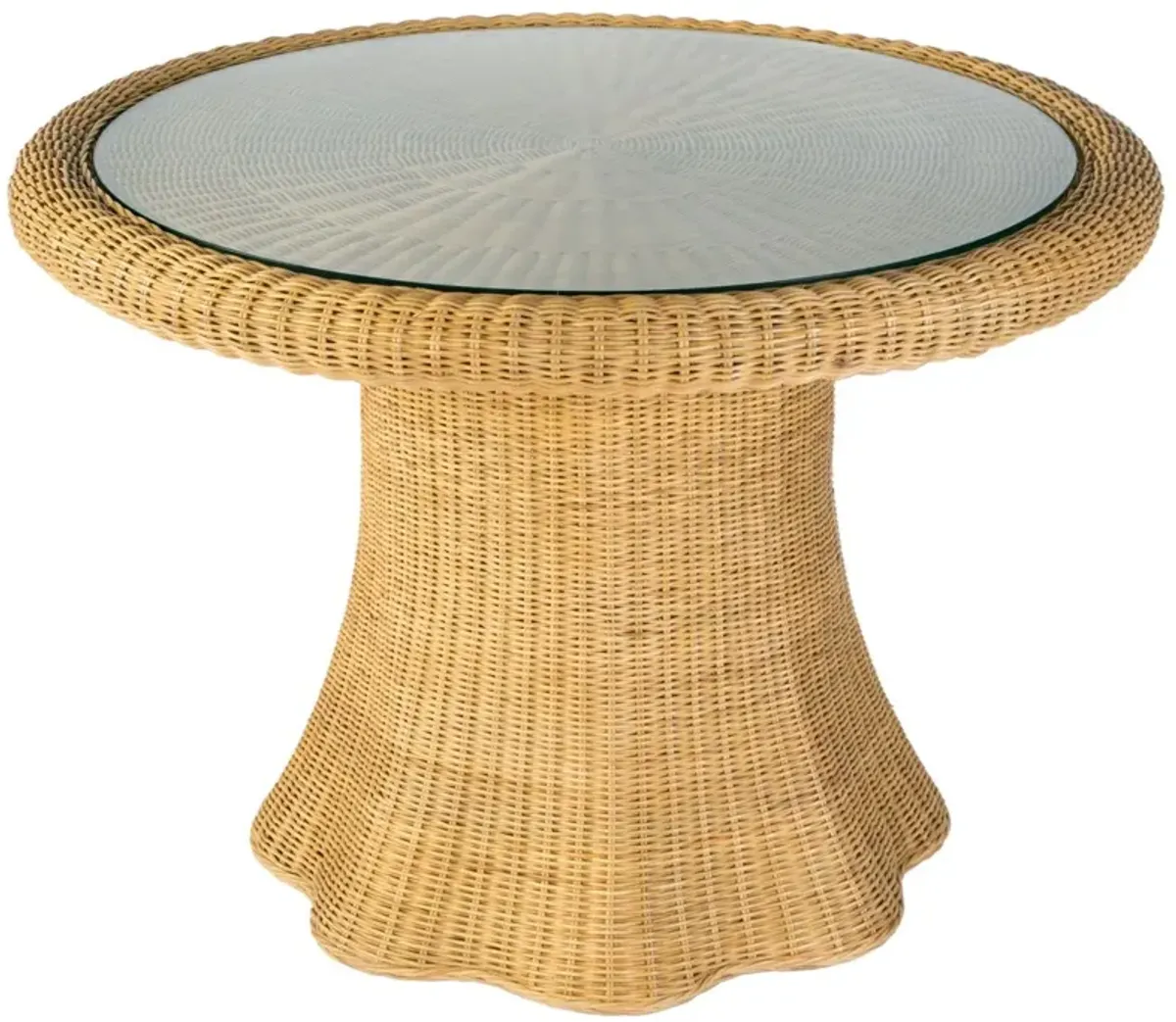 Sunny Scallop 42" Round Rattan Glass Top Dining Table, Natural