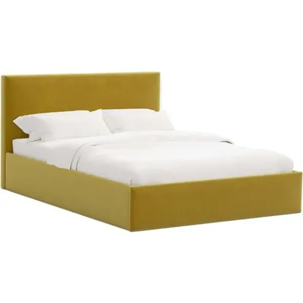 Solaro Square Low Platform Bed - Performance Velvet - Handcrafted - Yellow, Upholstered, Comfortable & Durable