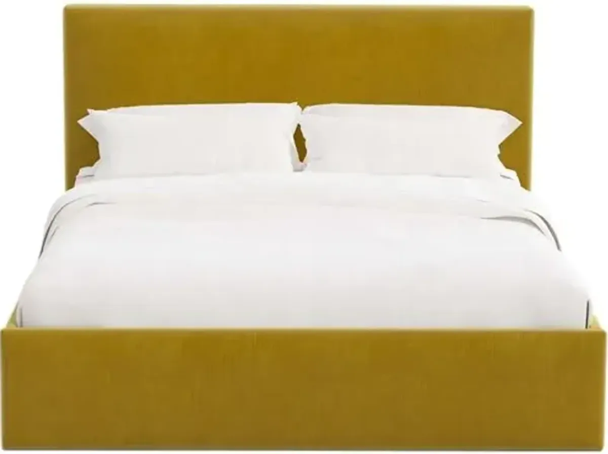 Solaro Square Low Platform Bed - Performance Velvet - Handcrafted - Yellow, Upholstered, Comfortable & Durable