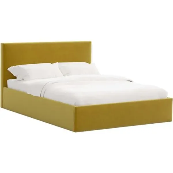 Solaro Square Low Platform Bed - Performance Velvet - Handcrafted - Yellow, Upholstered, Comfortable & Durable