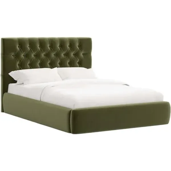 Aveline Tufted Platform Bed - Performance Velvet - Handcrafted - Green, Upholstered, Comfortable & Durable