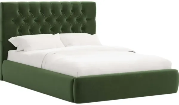 Aveline Tufted Platform Bed - Performance Velvet - Handcrafted - Green, Upholstered, Comfortable & Durable