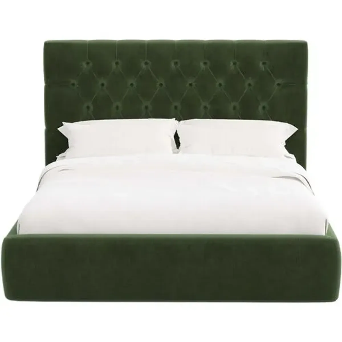 Aveline Tufted Platform Bed - Performance Velvet - Handcrafted - Green, Upholstered, Comfortable & Durable