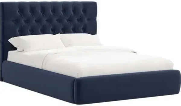 Aveline Tufted Platform Bed - Performance Velvet - Handcrafted - Blue, Upholstered, Comfortable & Durable