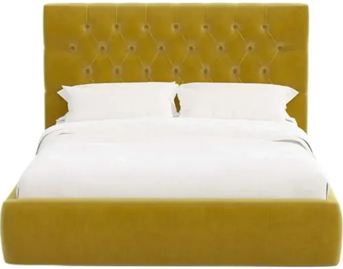 Aveline Tufted Platform Bed - Performance Velvet - Handcrafted - Yellow, Upholstered, Comfortable & Durable