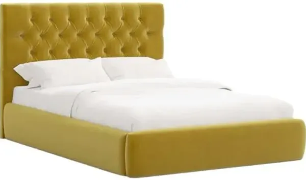 Aveline Tufted Platform Bed - Performance Velvet - Handcrafted - Yellow, Upholstered, Comfortable & Durable
