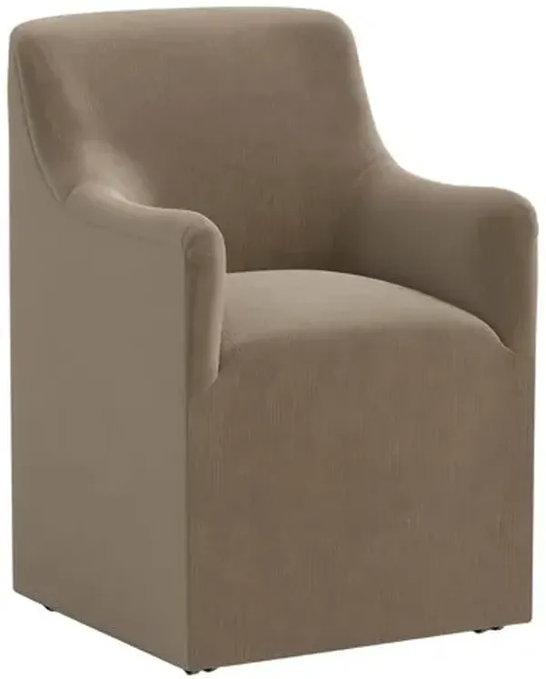 Tess Dining Armchair with Casters - Performance Velvet - Handcrafted - Brown