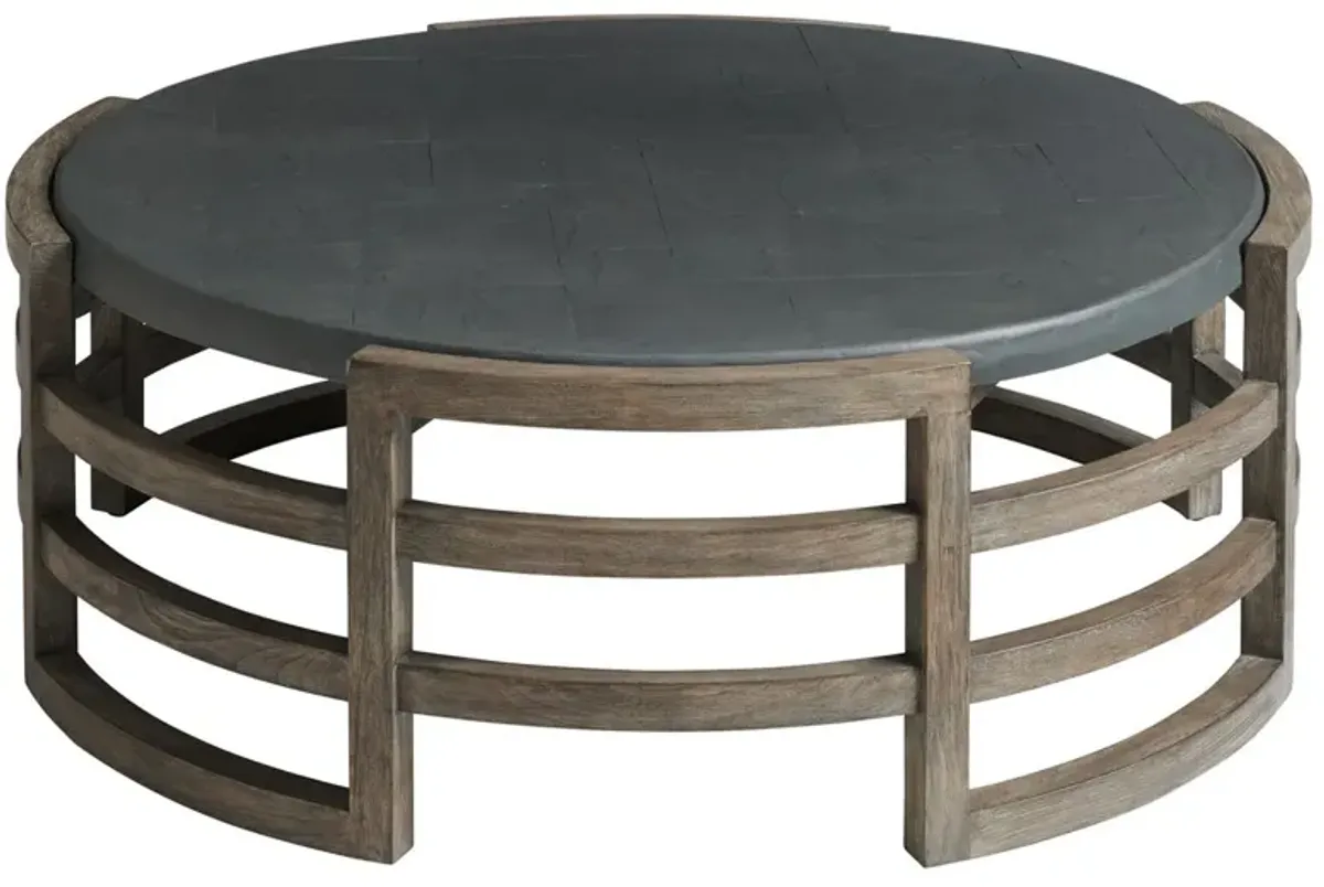 La Jolla Outdoor Round Slate Top Teak Cocktail Table, Light Brown/Dark Gray