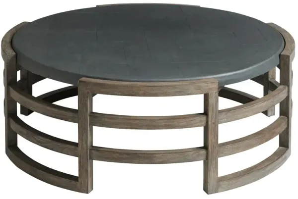 La Jolla Outdoor Round Slate Top Teak Cocktail Table, Light Brown/Dark Gray