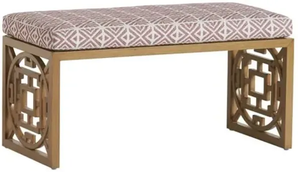Los Altos Valley View Outdoor Aluminum Bench - Light Tan/Red/Pink Geometric Sunbrella - Tommy Bahama